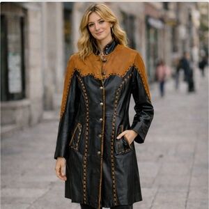 Tribe America  vintage leather jacket size 8 black brown long